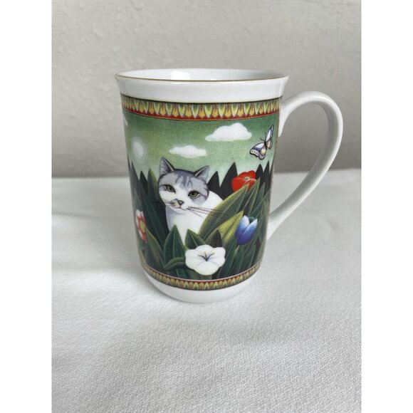 Russ Berrie Four Seasons Mug Cup White Gray Cats In Flower Garden Ceramic 8oz. - Picture 1 of 8